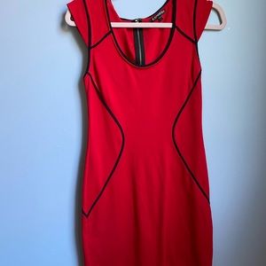 Red body con express mini dress/mid-length.
